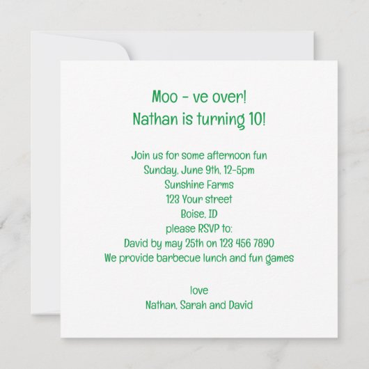 モーもう終わりだ!牛の誕生日、農園の誕生日招待状 カード (裏面)