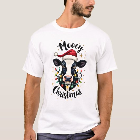 モーイークリスマス サンタ クリスマスライト 牛好き Tシャツ (正面)