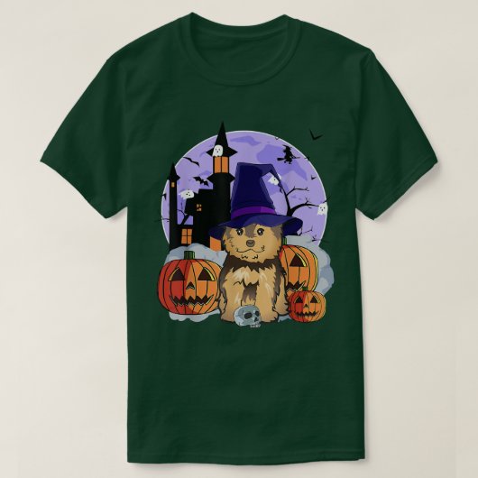 モーキおもしろいー犬ハロウィンウィッチカボチャ Tシャツ (デザイン正面)
