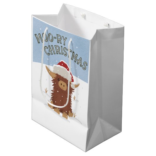 モークリスマスかわいいシャギーのハイランド牛サンタ ミディアムペーパーバッグ (正面アングル)