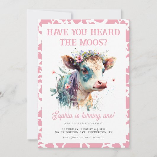 モーズピンクの牛の1歳の誕生日を聞いたことがある 招待状 (正面)