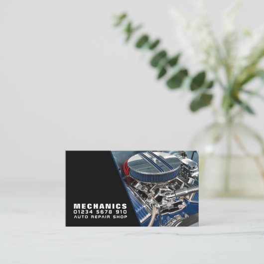モーターエンジン、自動整備士と修理 名刺 (スタンド正面)