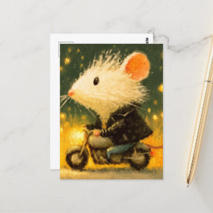 モーターサイクルに乗って愛らしい白いマウス ポストカード