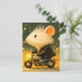 モーターサイクルに乗って愛らしい白いマウス ポストカード (スタンド正面)