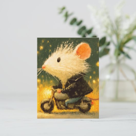 モーターサイクルに乗って愛らしい白いマウス ポストカード (スタンド正面)