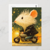 モーターサイクルに乗って愛らしい白いマウス ポストカード (正面/裏面)