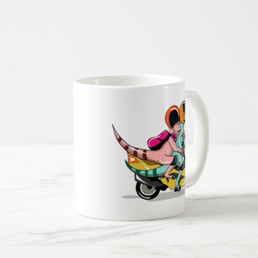 モータースクーターに乗って2人の漫画のラプター。 コーヒーマグカップ (正面右)