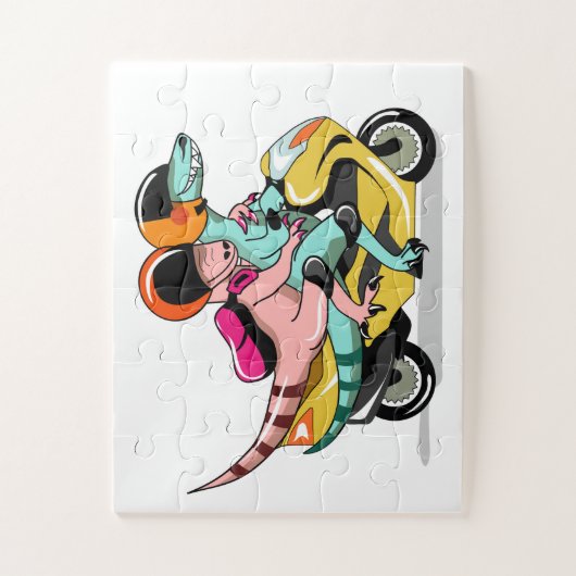 モータースクーターに乗って2人の漫画のラプター。 ジグソーパズル (縦)