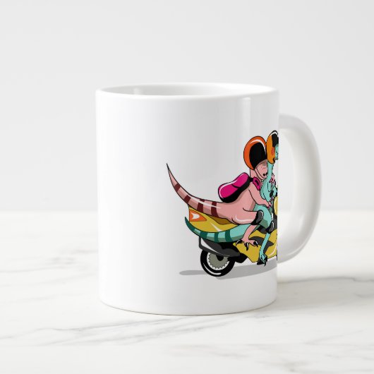 モータースクーターに乗って2人の漫画のラプター。 ジャンボコーヒーマグカップ (正面右)