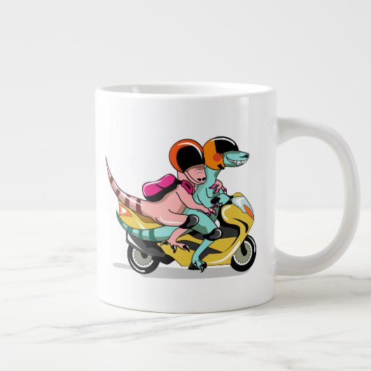 モータースクーターに乗って2人の漫画のラプター。 ジャンボコーヒーマグカップ (右)