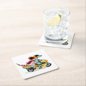 モータースクーターに乗って2人の漫画のラプター。 スクエアペーパーコースター (インサイチュ)