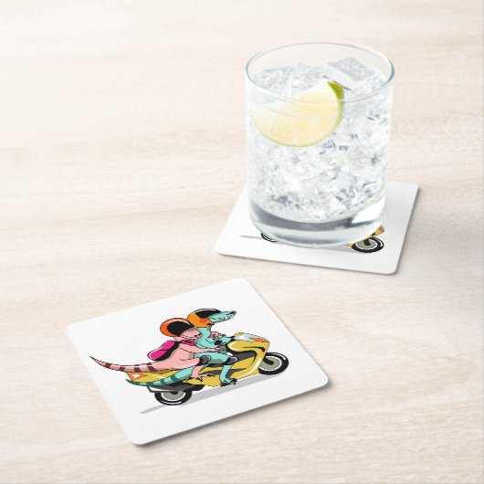 モータースクーターに乗って2人の漫画のラプター。 スクエアペーパーコースター (インサイチュ)