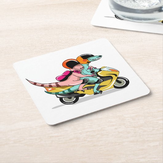 モータースクーターに乗って2人の漫画のラプター。 スクエアペーパーコースター (アングル)
