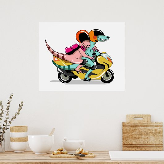 モータースクーターに乗って2人の漫画のラプター。 ポスター (キッチン)