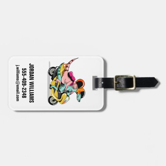 モータースクーターに乗って2人の漫画のラプター。 ラゲッジタグ (正面横)