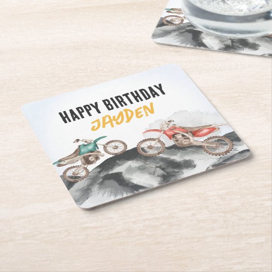 モーターダートバイクファーストワンバースデーパーティー スクエアペーパーコースター (アングル)