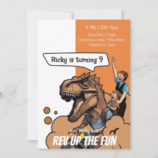 モーターバイクに乗るT-Rex ダイノ・フュエルド・ファン 誕生日 招待状 (正面)