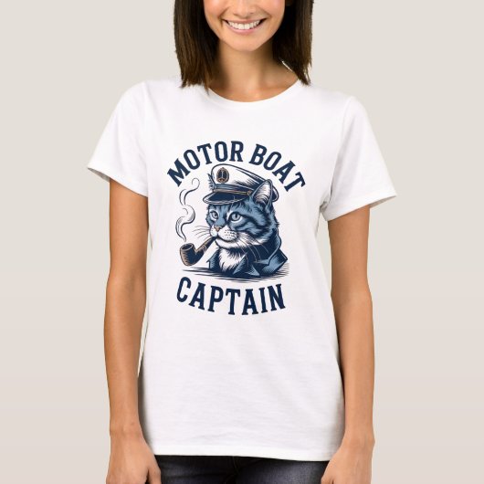 モーターボート船長猫Tシャツ 楽しい釣りポントゥーン Tシャツ (正面)