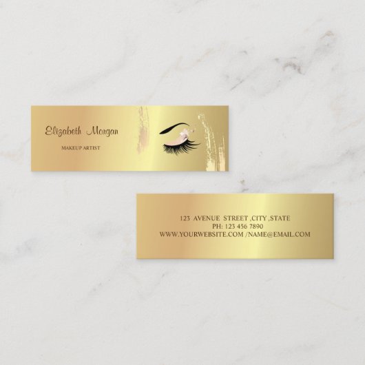 モーダーエレガント、金ゴールドブラシのストローク、まつげ、メイクアップ スキニー名刺 (正面/裏面)