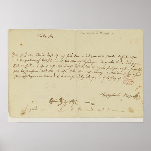 モーツァルトからフリーメーソンへの手紙、1786年1月 ポスター (正面)