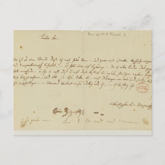 モーツァルトからフリーメーソンへの手紙、1786年1月 ポストカード (正面)