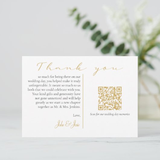 モード結婚の写真と記憶金ゴールドQRコード サンキューカード (スタンド正面)