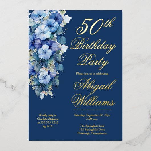 モーニングエレガントグロリズブルーフローラ50誕生日 箔招待状 (正面)