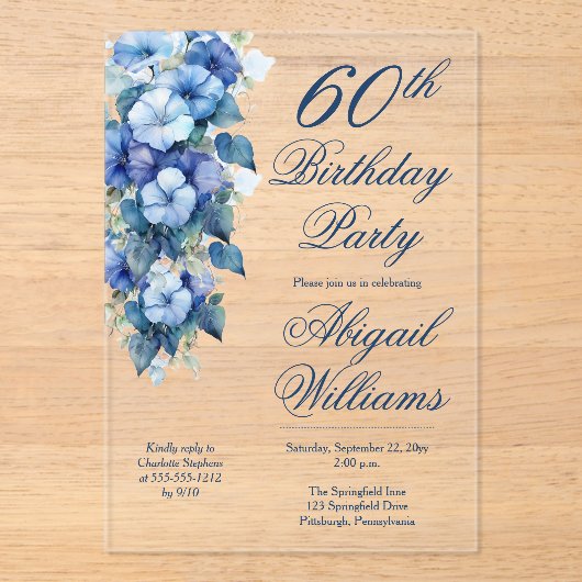 モーニングエレガントグロリズブルーフローラ60誕生日 アクリル招待状 (正面)
