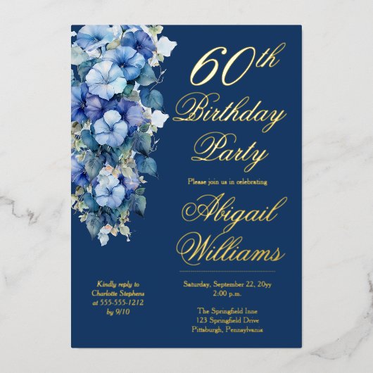 モーニングエレガントグロリズブルーフローラ60誕生日 箔招待状 (正面)