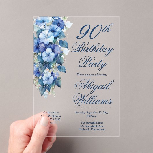 モーニングエレガントグロリズブルーフローラ90誕生日 アクリル招待状 (インサイチュ (ポータブル))