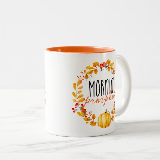 モーニングカボチャ秋ウォーターカラーコーヒーマグ ツートーンマグカップ (正面右)