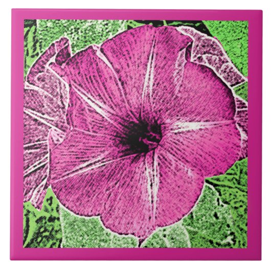 モーニンググローリーブロックプリント、明るい赤紫色ピンクセラミックティ タイル (正面)