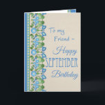 モーニンググローリー9月誕生日カードfor Friend カード<br><div class="desc">石の背かわいらし景に明るい青の朝顔の花(9月の誕生日の花)のノスタルジックなパターンを持つ友人のための9月の誕生カード。Posh & Painterly 'Morning Glory'コレクションの一部。（このパターンはすべてのグリーティングカードのサイズに合う）。</div>