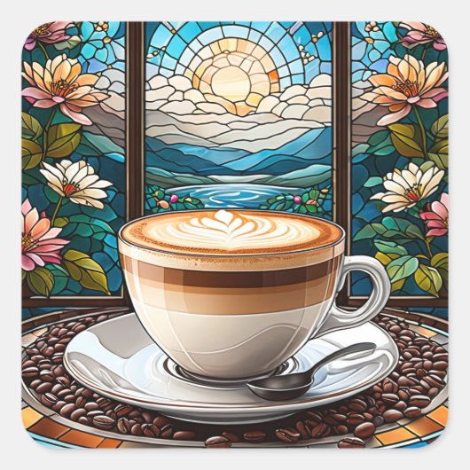 モーニングコーヒーのステンドグラス スクエアシール (正面)
