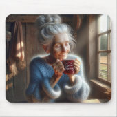 モーニングコーヒーを楽しむ優しいおばあちゃん マウスパッド (正面)