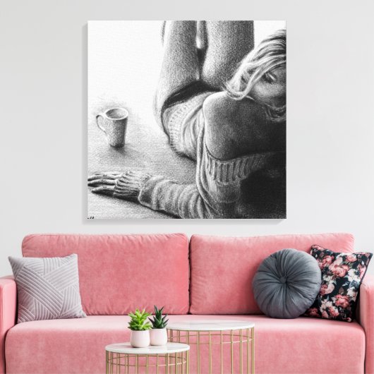 モーニングコーヒーを楽しむ女性 鉛筆画アート キャンバスプリント (インサイチュ (リビング))