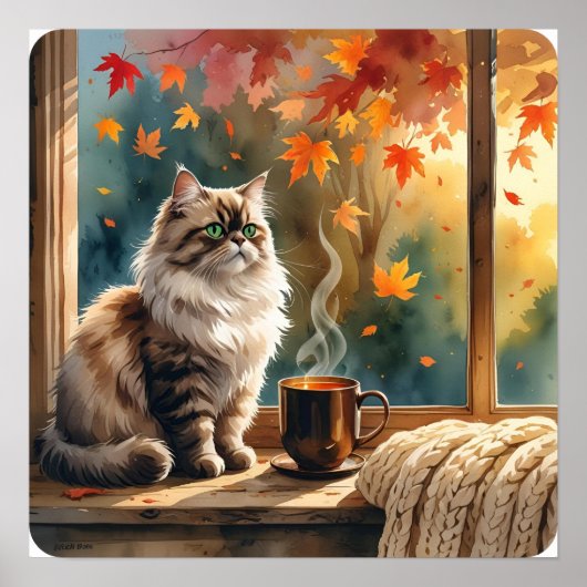 モーニングミュー – Cat with Coffee & 離れ Art ポスター (正面)