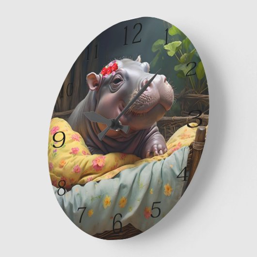 「モーニング・スナグルズ:ベビー・ヒッポがバスケットで目覚める。 ラージ壁時計 (傾斜)