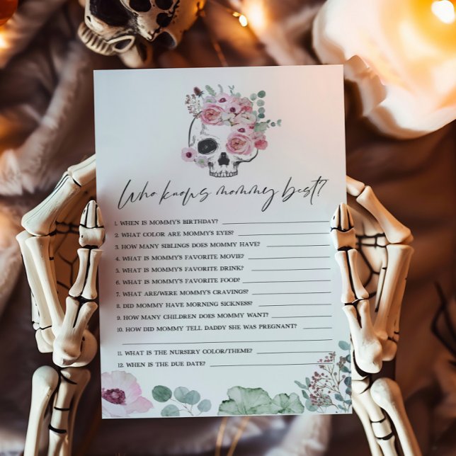 モーミゲームを知っているピンクのゴシックフローラ最高のスカル (Floral Skull Baby Shower Who knows Mommy Best Game)