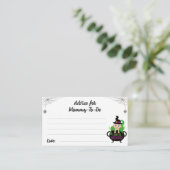 モーミーのハロウィーンの魔女の赤ちゃんシャワーのためのアドバイス エンクロージャーカード (スタンド正面)