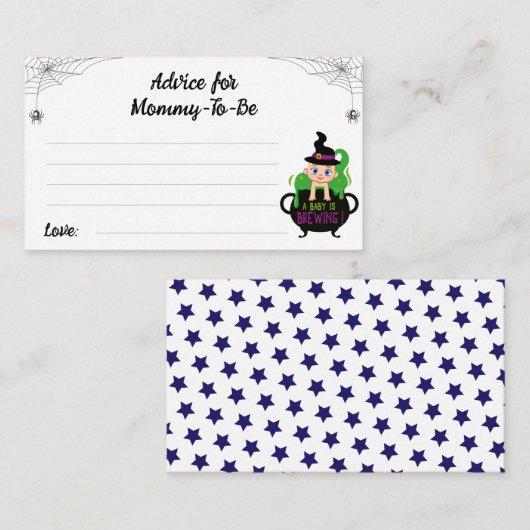 モーミーのハロウィーンの魔女の赤ちゃんシャワーのためのアドバイス エンクロージャーカード (正面/裏面)