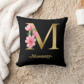 モーミー金ゴールドタイポグラフィとフラワーブラック クッション (ブランケット)