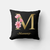 モーミー金ゴールドタイポグラフィとフラワーブラック クッション (正面)