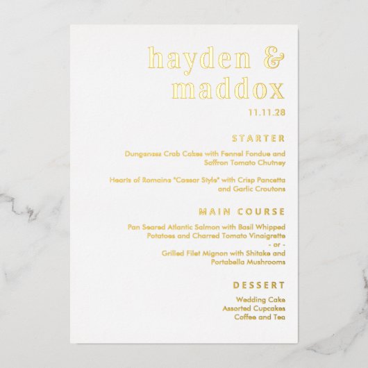 モーメ実在ントフォイルの結婚メニューカード 箔招待状 (正面)