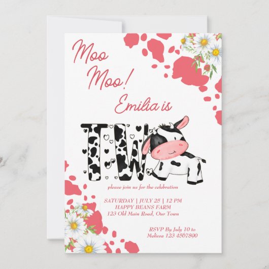 モーモーピンク柄かわいい牛の誕生日パーティー 招待状 (正面)