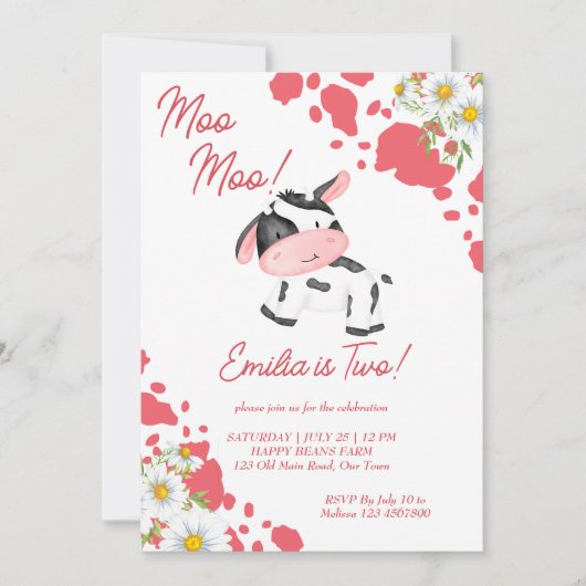 モーモーピンク柄かわいい牛の誕生日パーティー 招待状 (正面)