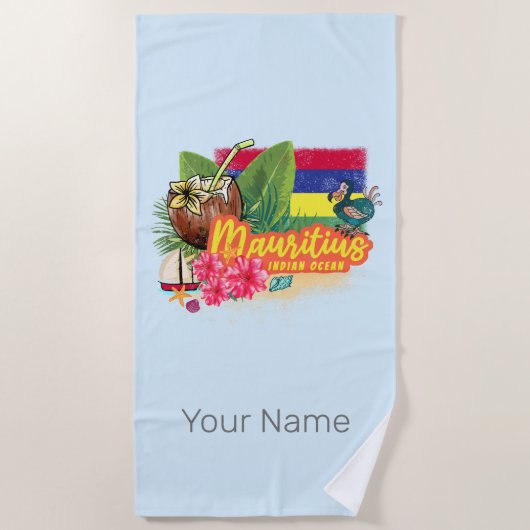 モーリシャスレトロインディアン海ドドと国旗のヴィンテージ ビーチタオル (正面)