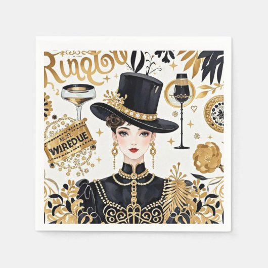 モーリン・ルージュスタイル、黒と金、豪華な贅沢 スタンダードカクテルナプキン (正面)