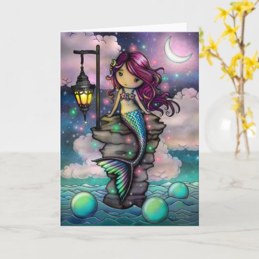モーリー・ハリソンによる甘い魔法のマーメイドのアートワーク カード (黄色い花)