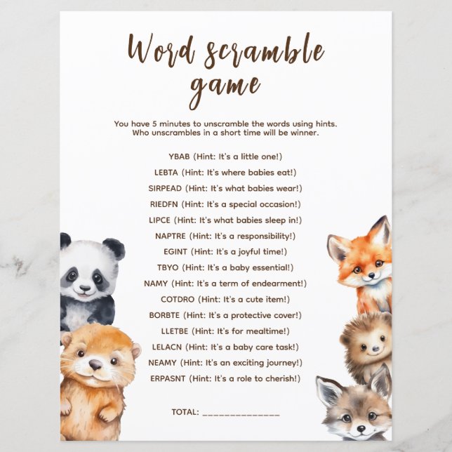 モールス信号スクランブル 森の動物 ベビーシャワーゲーム (正面)